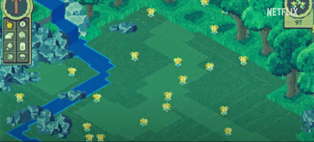 The “Thronglets’ game in Black Mirror season seven episode “Plaything,” directed by David Slade (Bandersnatch, Metalhead) and written by Charlie Brooker | Netflix
